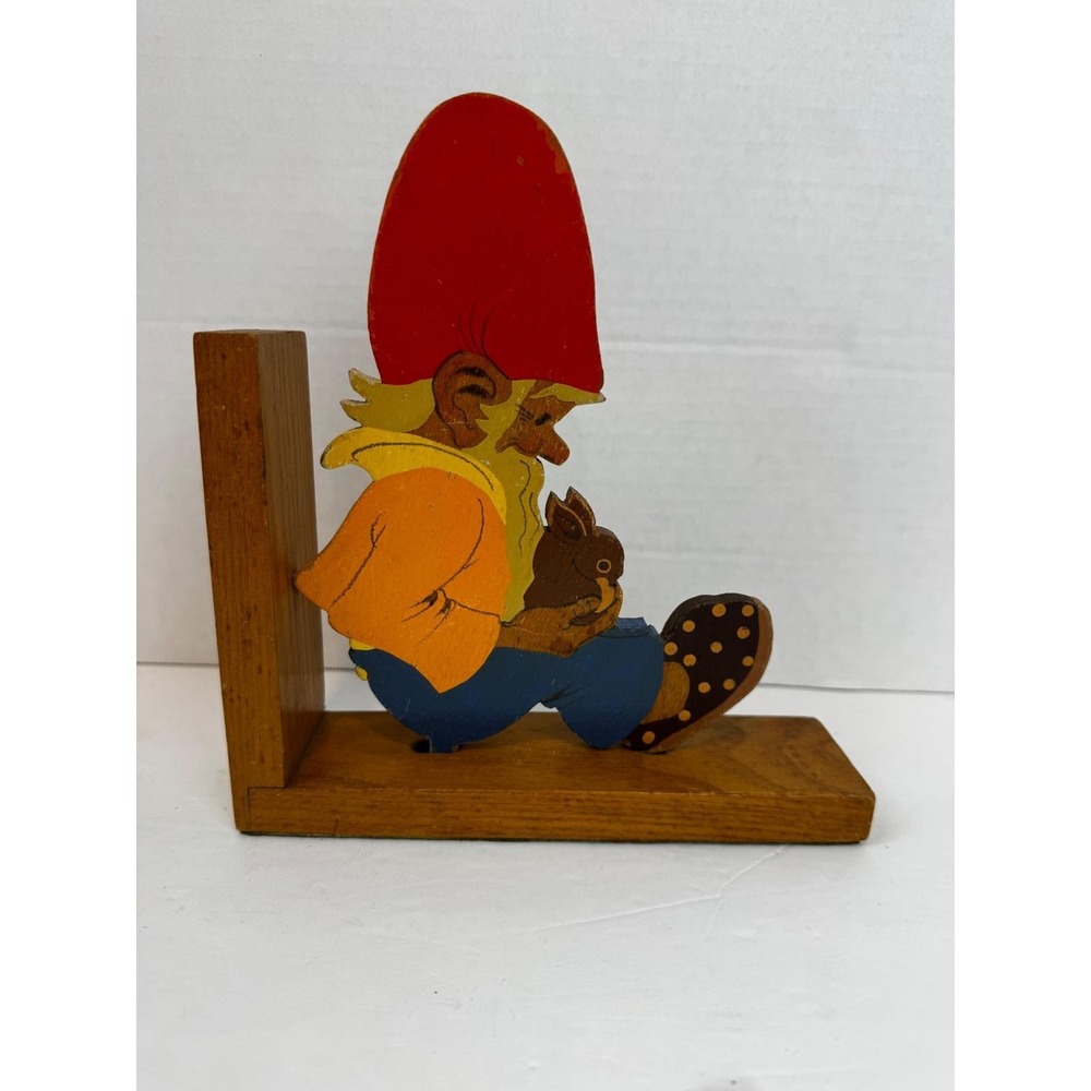 Vintage Wooden Gnome Bookend Hand Painted Elf Nursery Decor Whimsigoth Fairycore